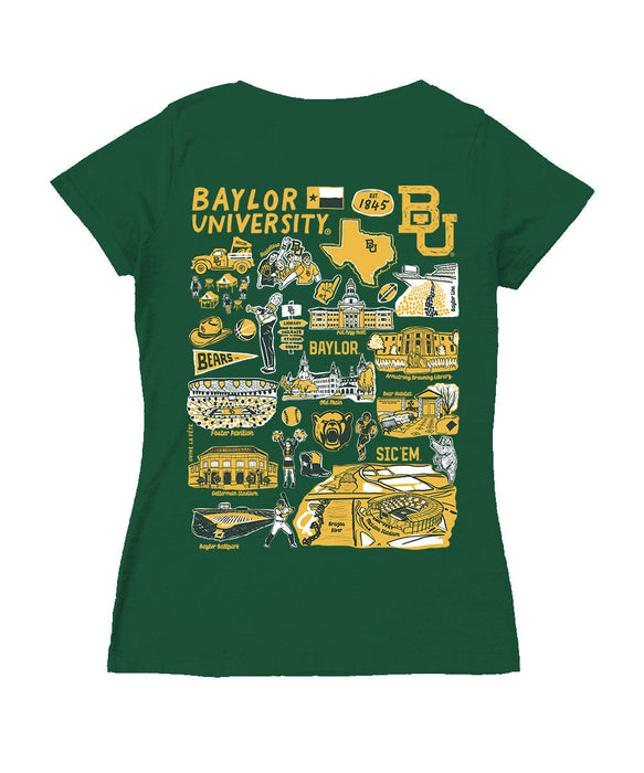 Baylor Bears Hand Sketched Vive La Fete Impressions Artwork Green Women Cotton Short Sleeve V-Neck Tshirt