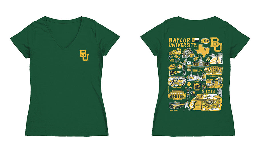 Baylor Bears Hand Sketched Vive La Fete Impressions Artwork Green Women Cotton Short Sleeve V-Neck Tshirt