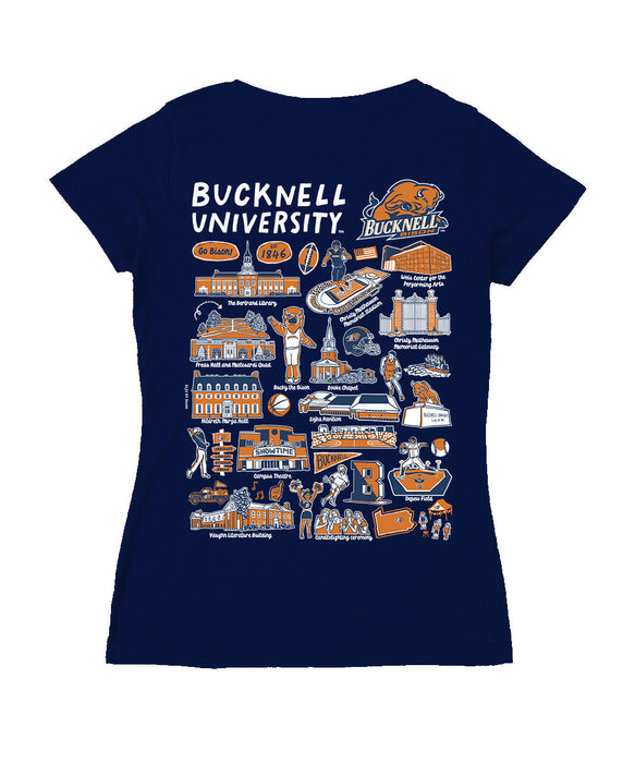 Bucknell University Bison Hand Sketched Vive La Fete Impressions Artwork Navy Women Cotton Short Sleeve V-Neck Tshirt