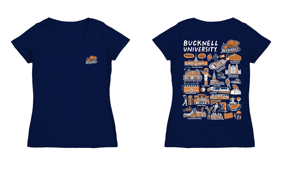 Bucknell University Bison Hand Sketched Vive La Fete Impressions Artwork Navy Women Cotton Short Sleeve V-Neck Tshirt