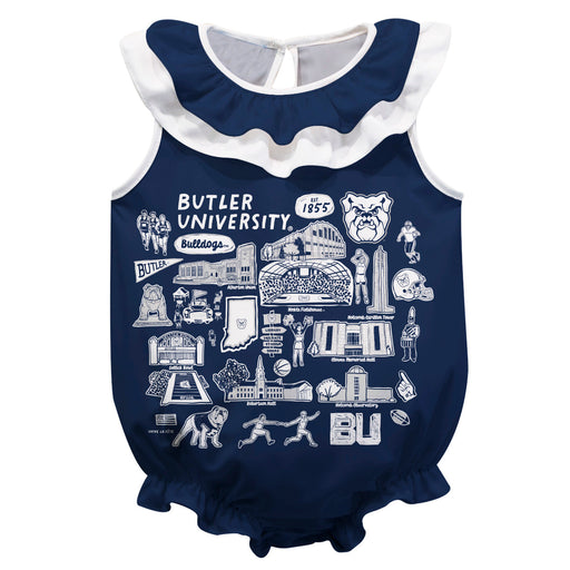Butler Bulldogs  Blue Hand Sketched Vive La Fete Impressions Artwork Sleeveless Ruffle Onesie Bodysuit