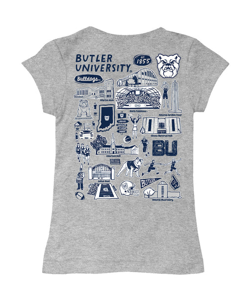 Butler Bulldogs Hand Sketched Vive La Fete Impressions Artwork Grey Girls Cotton Short Sleeve Tee - Vive La Fête - Online Apparel Store