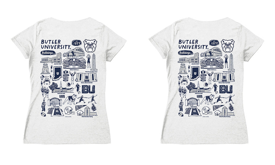 Butler Bulldogs Hand Sketched Vive La Fete Impressions Artwork Navy Women Cotton Short Sleeve V-Neck Tshirt