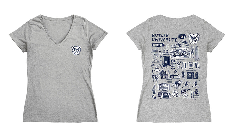 Butler Bulldogs Hand Sketched Vive La Fete Impressions Artwork Navy Women Cotton Short Sleeve V-Neck Tshirt