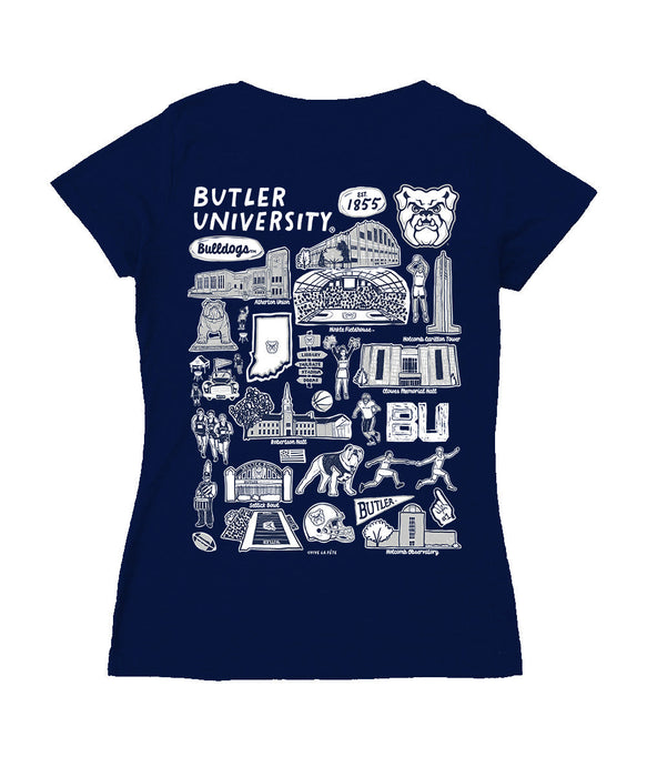 Butler Bulldogs Hand Sketched Vive La Fete Impressions Artwork Navy Women Cotton Short Sleeve V-Neck Tshirt