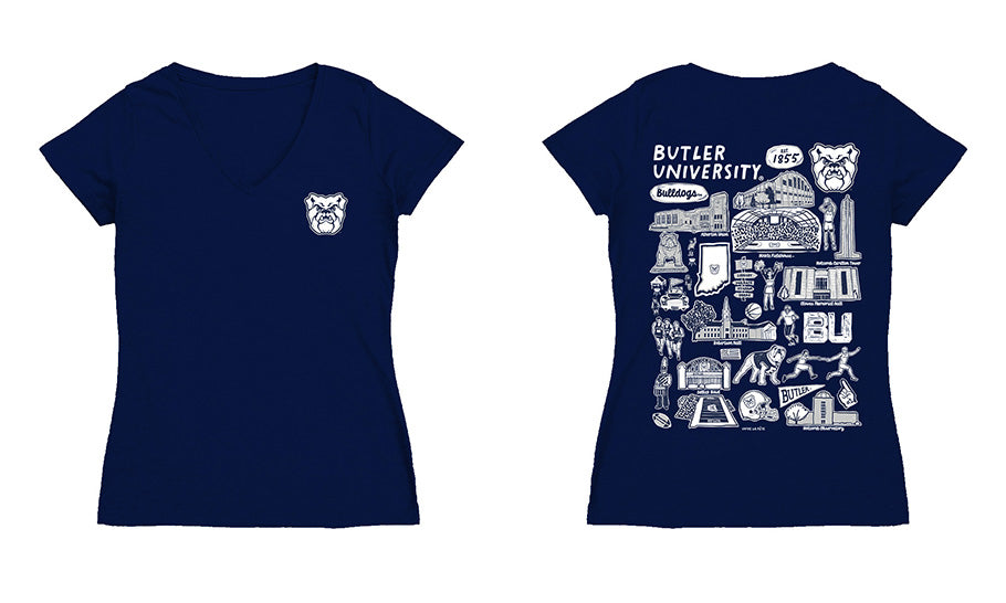 Butler Bulldogs Hand Sketched Vive La Fete Impressions Artwork Navy Women Cotton Short Sleeve V-Neck Tshirt