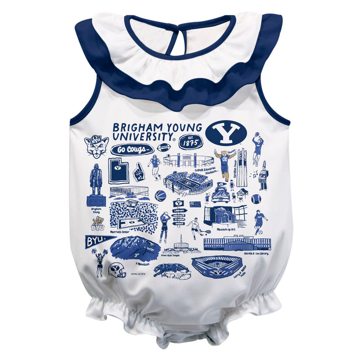 BYU Cougars  White Hand Sketched Vive La Fete Impressions Artwork Sleeveless Ruffle Onesie Bodysuit