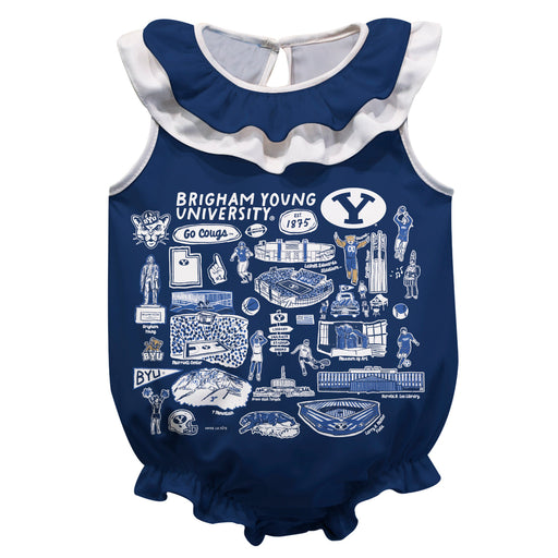 BYU Cougars  Blue Hand Sketched Vive La Fete Impressions Artwork Sleeveless Ruffle Onesie Bodysuit
