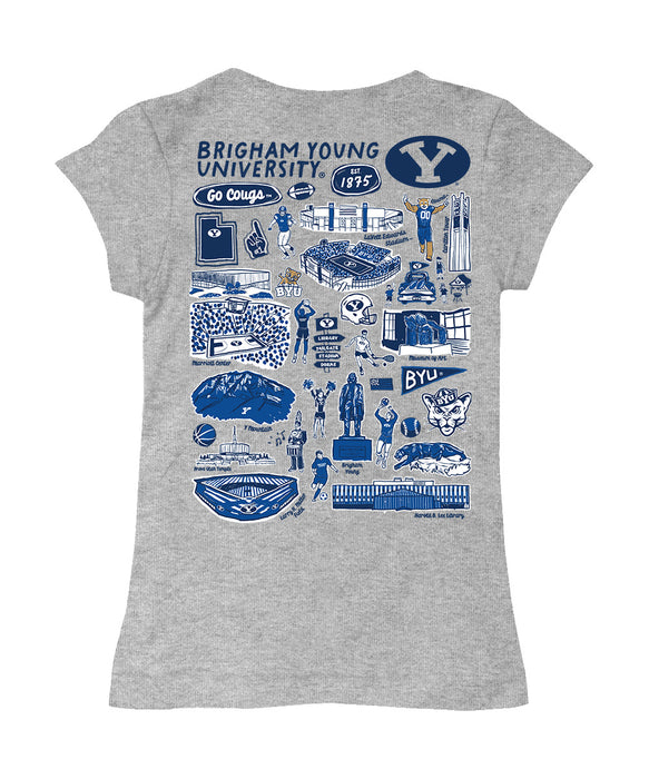 BYU Cougars Hand Sketched Vive La Fete Impressions Artwork Grey Girls Cotton Short Sleeve Tee - Vive La Fête - Online Apparel Store