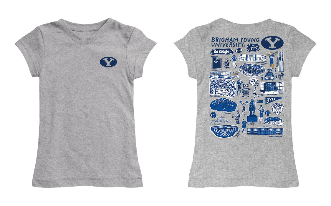 BYU Cougars Hand Sketched Vive La Fete Impressions Artwork Grey Girls Cotton Short Sleeve Tee - Vive La Fête - Online Apparel Store
