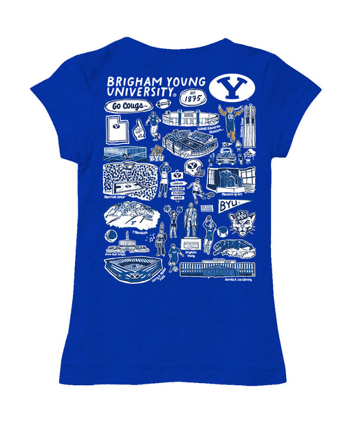 BYU Cougars Hand Sketched Vive La Fete Impressions Artwork Blue Girls Cotton Short Sleeve Tee - Vive La Fête - Online Apparel Store