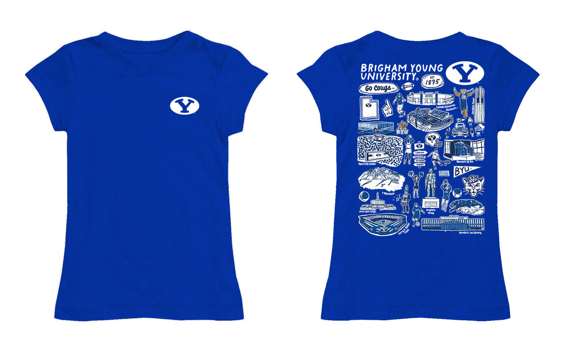 BYU Cougars Hand Sketched Vive La Fete Impressions Artwork Blue Girls Cotton Short Sleeve Tee - Vive La Fête - Online Apparel Store
