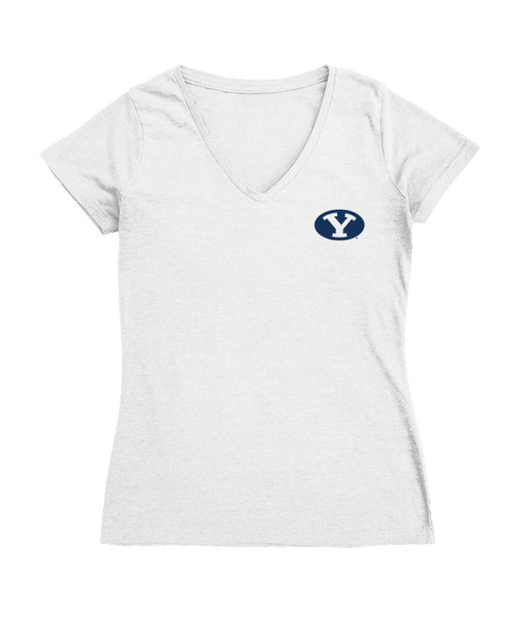 BYU Cougars Hand Sketched Vive La Fete Impressions Artwork White Women Cotton Short Sleeve V-Neck Tshirt