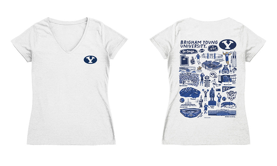 Brigham Young Cougars BYU Hand Sketched Vive La Fete Impressions Artwork Royal Women Cotton Short Sleeve V-Neck Tshirt