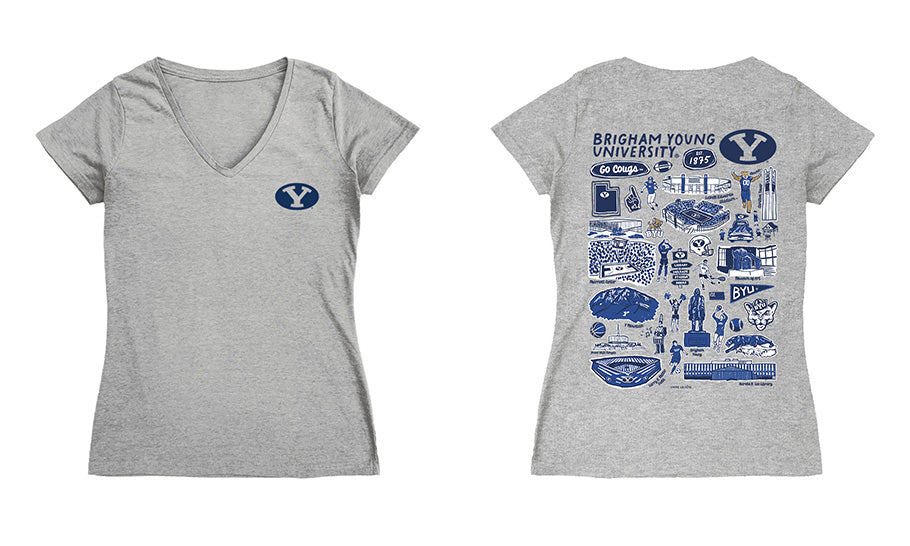 Brigham Young Cougars BYU Hand Sketched Vive La Fete Impressions Artwork Royal Women Cotton Short Sleeve V-Neck Tshirt