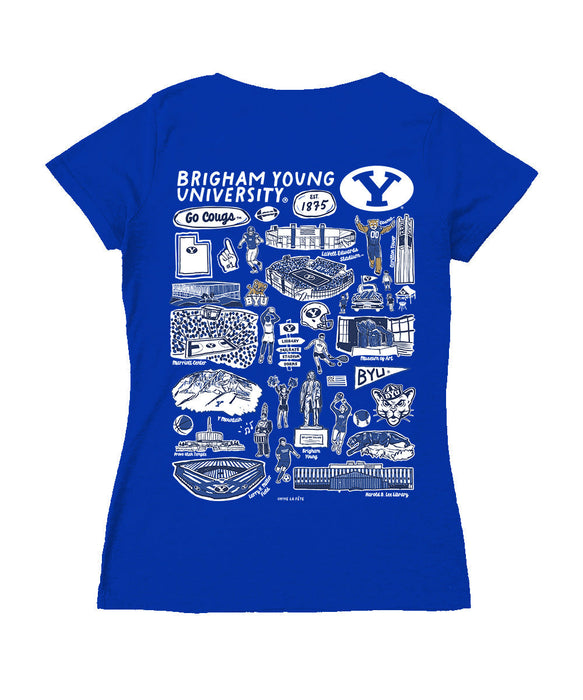Brigham Young Cougars BYU Hand Sketched Vive La Fete Impressions Artwork Royal Women Cotton Short Sleeve V-Neck Tshirt
