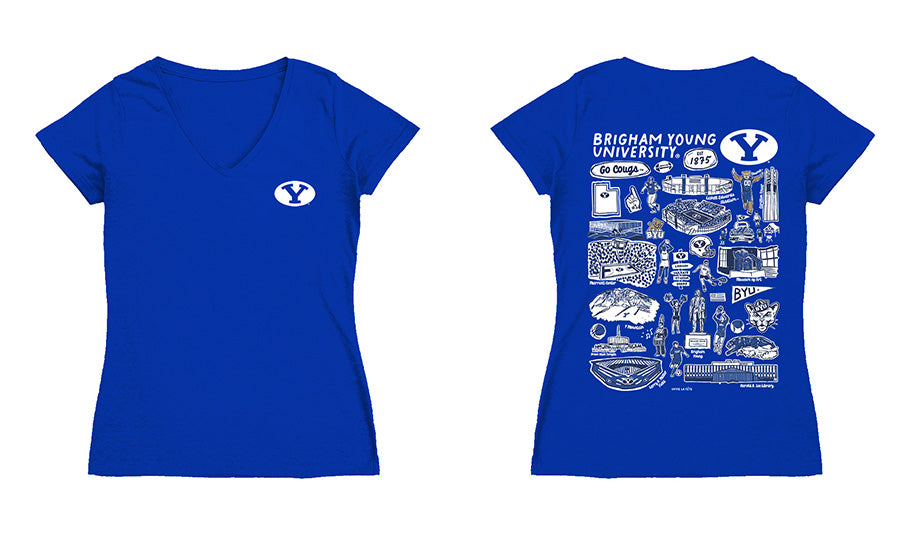 Brigham Young Cougars BYU Hand Sketched Vive La Fete Impressions Artwork Royal Women Cotton Short Sleeve V-Neck Tshirt