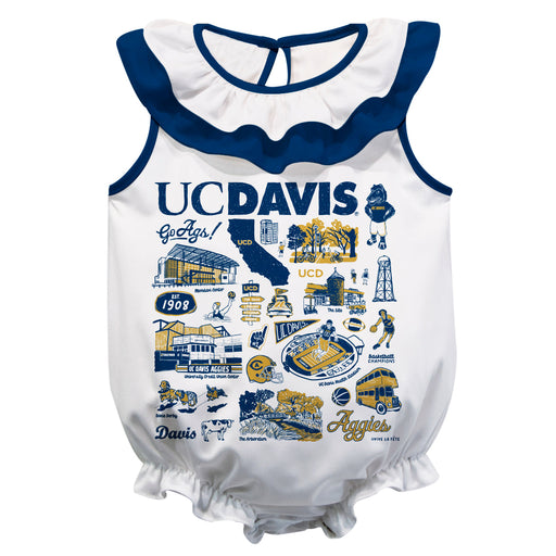 UC Davis Aggies  White Hand Sketched Vive La Fete Impressions Artwork Sleeveless Ruffle Onesie Bodysuit