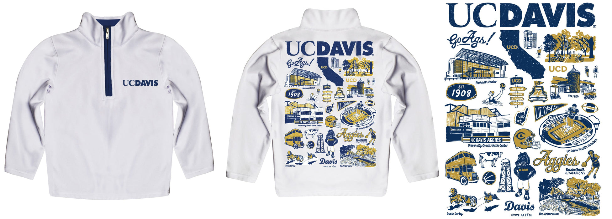 UC Davis Aggies Hand Sketched Vive La Fete Impressions Artwork White Boys Quarter Zip Pullover V1 - Vive La Fête - Online Apparel Store