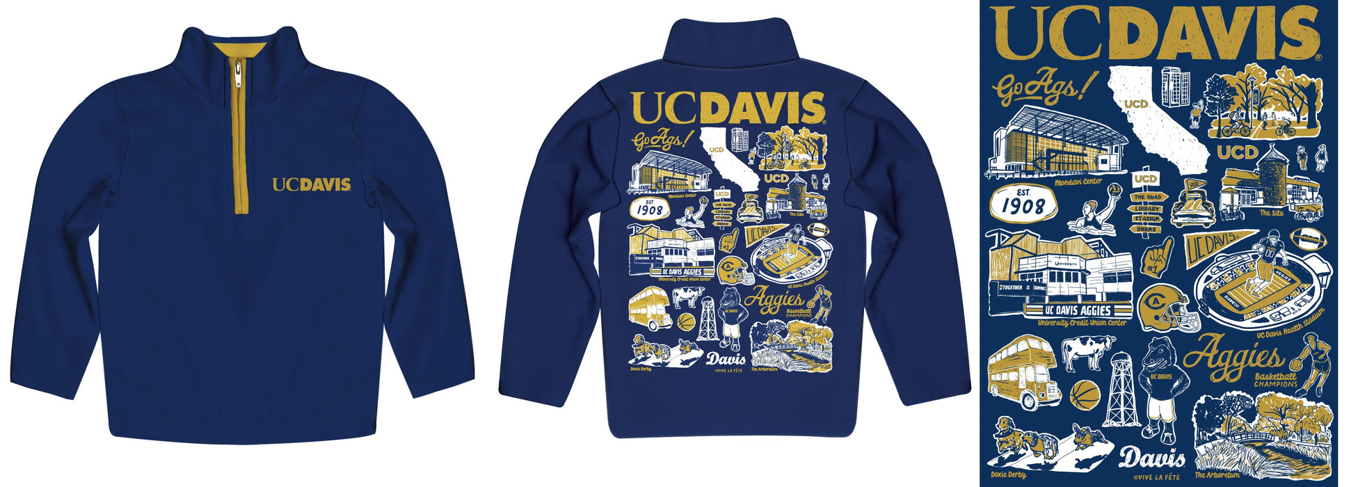 UC Davis Aggies Hand Sketched Vive La Fete Impressions Artwork  Blue Boys Quarter Zip Pullover V1 - Vive La Fête - Online Apparel Store