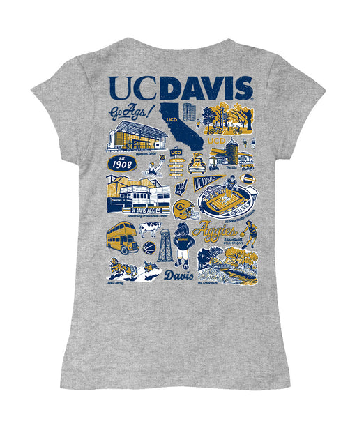 UC Davis Aggies Hand Sketched Vive La Fete Impressions Artwork Grey Girls Cotton Short Sleeve Tee - Vive La Fête - Online Apparel Store
