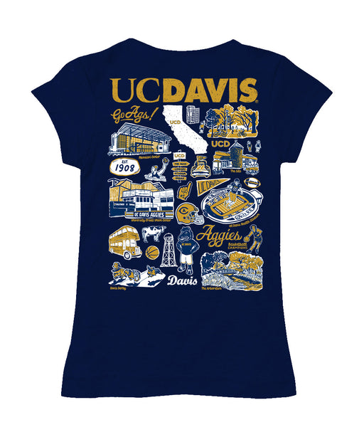UC Davis Aggies Hand Sketched Vive La Fete Impressions Artwork Navy Girls Cotton Short Sleeve Tee - Vive La Fête - Online Apparel Store