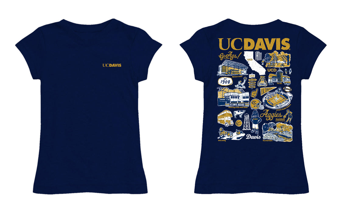 UC Davis Aggies Hand Sketched Vive La Fete Impressions Artwork Navy Girls Cotton Short Sleeve Tee - Vive La Fête - Online Apparel Store