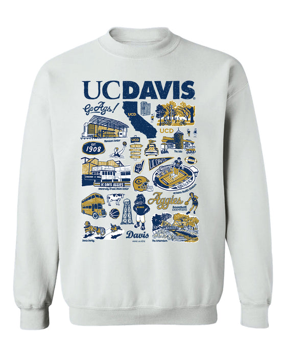 UC Davis Aggies Hand Sketched Vive La Fete Impressions White Cotton Crewneck Sweatshirt for Women
