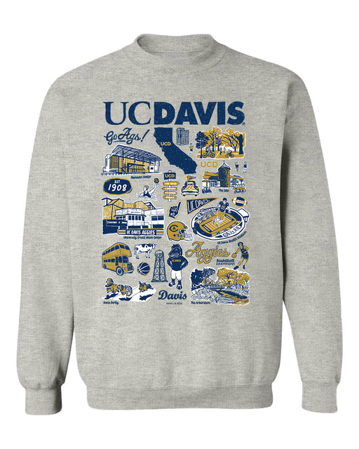 UC Davis Aggies Hand Sketched Vive La Fete Impressions Grey Cotton Crewneck Sweatshirt for Women