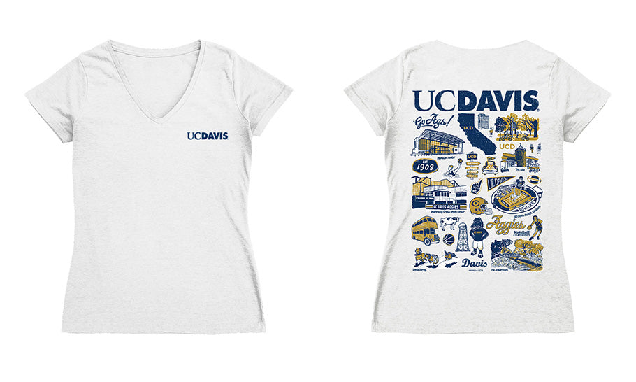 UC Davis Aggies Hand Sketched Vive La Fete Impressions Artwork Navy Women Cotton Short Sleeve V-Neck Tshirt
