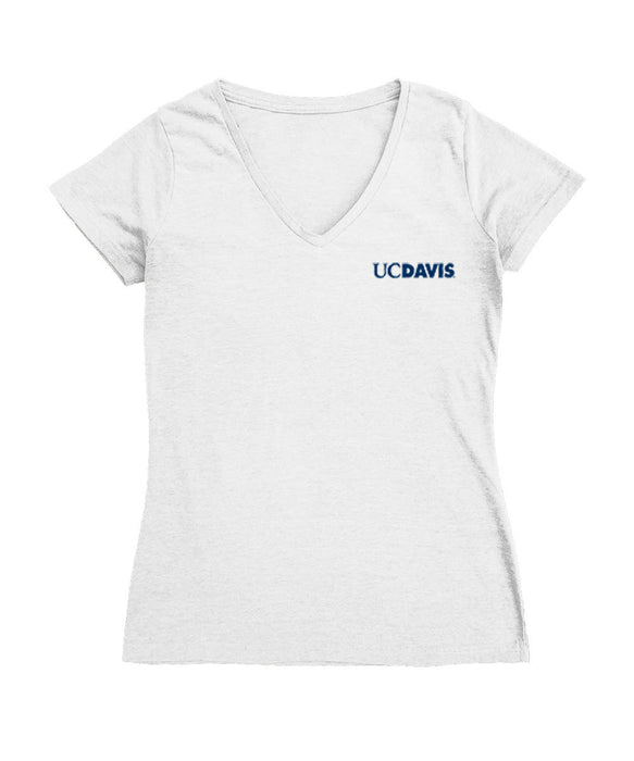 UC Davis Aggies Hand Sketched Vive La Fete Impressions Artwork White Women Cotton Short Sleeve V-Neck Tshirt