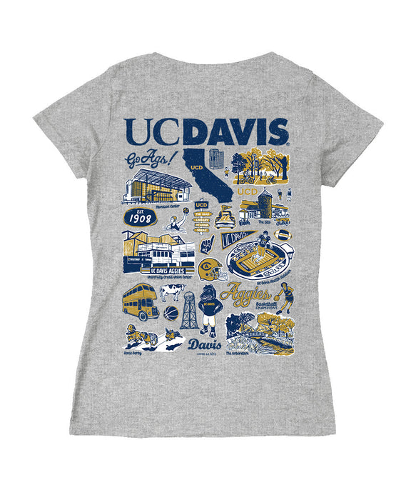 UC Davis Aggies Hand Sketched Vive La Fete Impressions Artwork Navy Women Cotton Short Sleeve V-Neck Tshirt