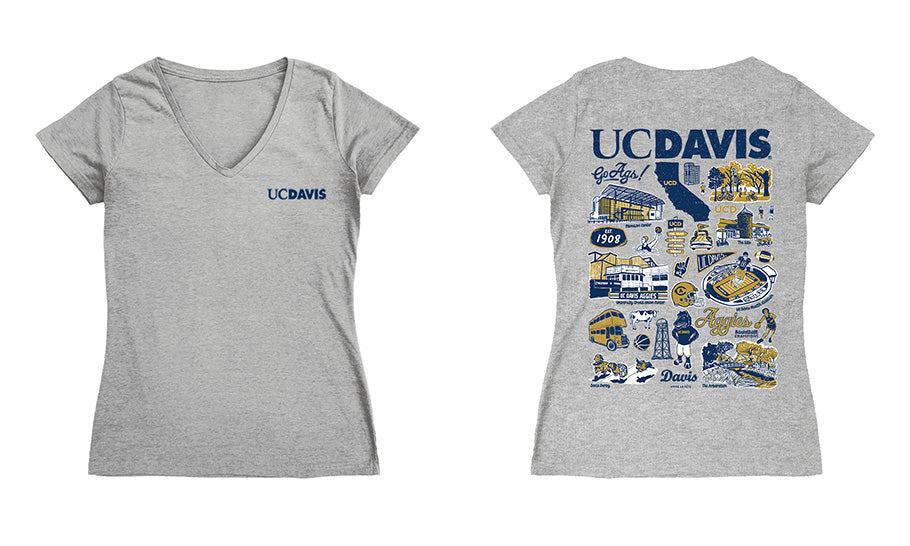 UC Davis Aggies Hand Sketched Vive La Fete Impressions Artwork Navy Women Cotton Short Sleeve V-Neck Tshirt