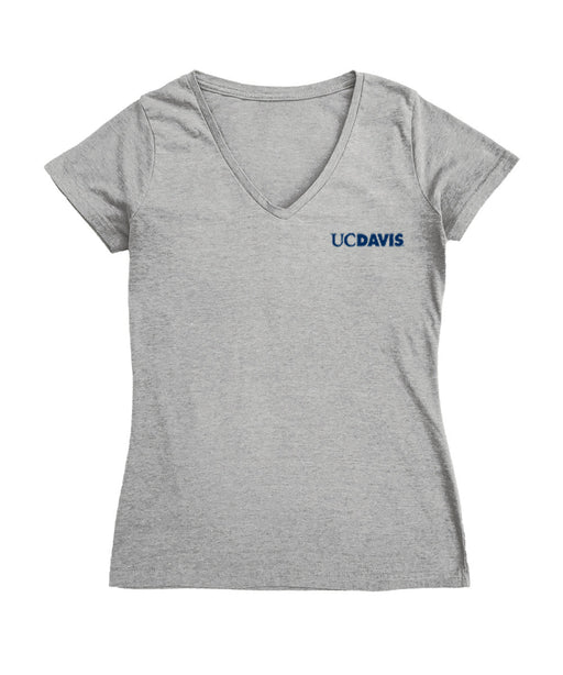 UC Davis Aggies Hand Sketched Vive La Fete Impressions Artwork Grey Women Cotton Short Sleeve V-Neck Tshirt
