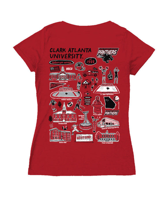 Clark Atlanta Panthers Hand Sketched Vive La Fete Impressions Artwork Red Women Cotton Short Sleeve V-Neck Tshirt