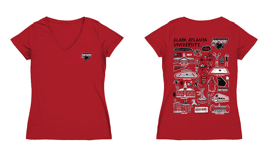 Clark Atlanta Panthers Hand Sketched Vive La Fete Impressions Artwork Red Women Cotton Short Sleeve V-Neck Tshirt