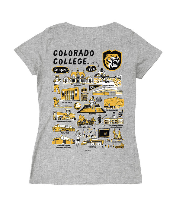 Colorado College Tigers Hand Sketched Vive La Fete Impressions Artwork Black Women Cotton Short Sleeve V-Neck Tshirt - Vive La Fête - Online Apparel Store