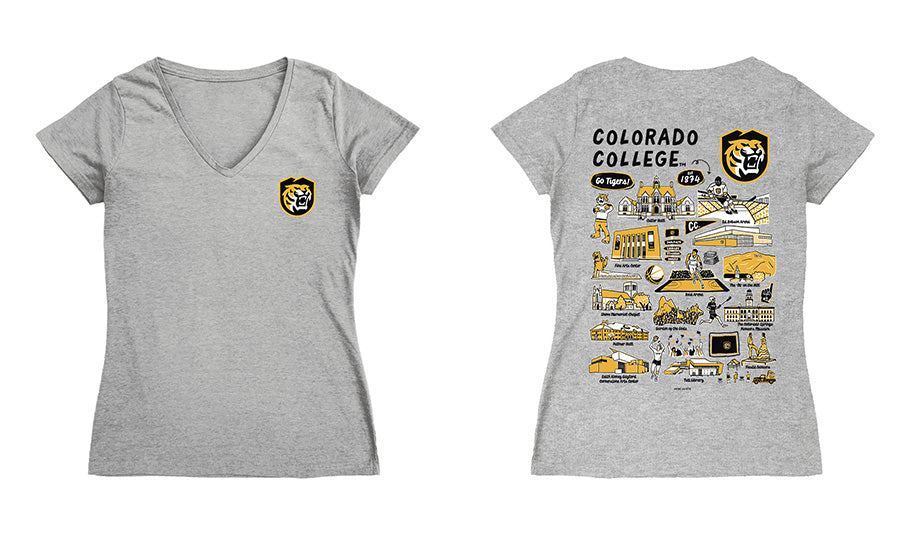 Colorado College Tigers Hand Sketched Vive La Fete Impressions Artwork Black Women Cotton Short Sleeve V-Neck Tshirt - Vive La Fête - Online Apparel Store