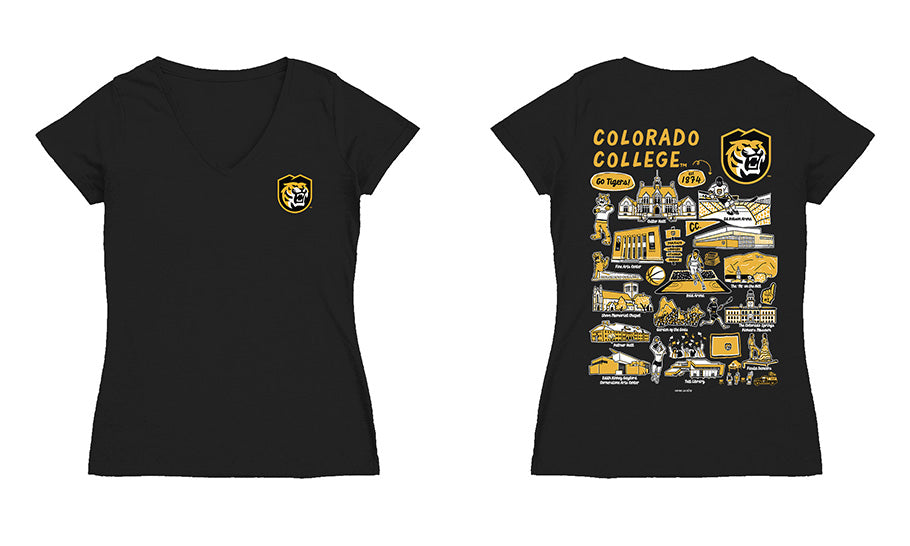 Colorado College Tigers Hand Sketched Vive La Fete Impressions Artwork Black Women Cotton Short Sleeve V-Neck Tshirt - Vive La Fête - Online Apparel Store