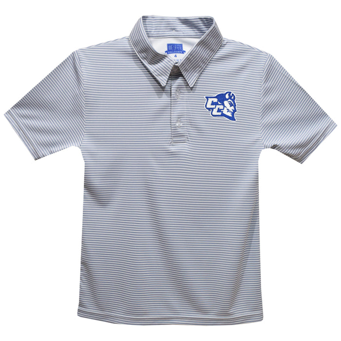 Central Connecticut State Blue Devils CCSU Embroidered Gray Stripes Short Sleeve Polo Box Shirt