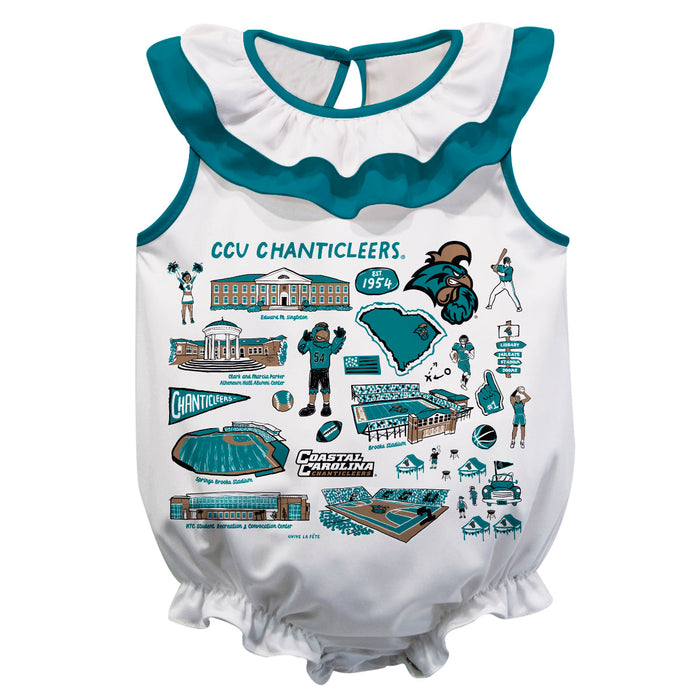 Coastal Carolina Chanticleers CCU  White Hand Sketched Vive La Fete Impressions Artwork Sleeveless Ruffle Onesie Bodysui