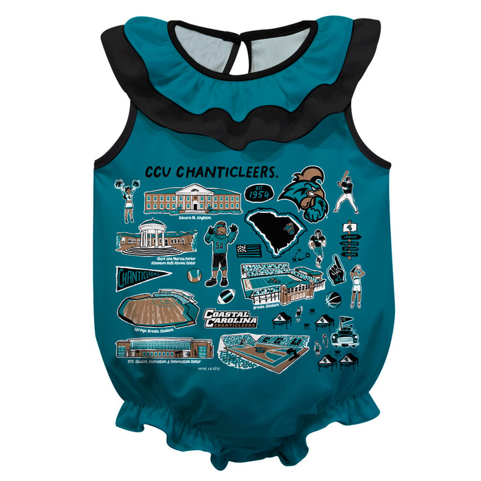 Coastal Carolina Chanticleers CCU  Teal Hand Sketched Vive La Fete Impressions Artwork Sleeveless Ruffle Onesie Bodysuit