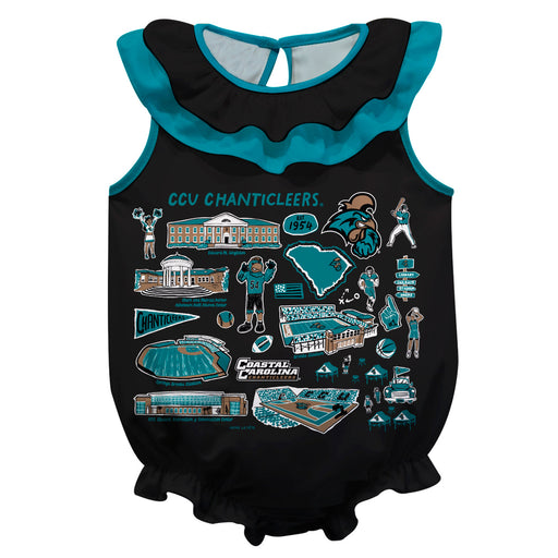 Coastal Carolina Chanticleers CCU Black Hand Sketched Vive La Fete Impressions Artwork Sleeveless Ruffle Onesie Bodysuit