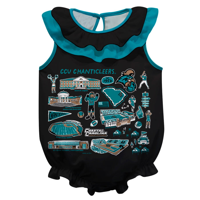 Coastal Carolina Chanticleers CCU Black Hand Sketched Vive La Fete Impressions Artwork Sleeveless Ruffle Onesie Bodysuit