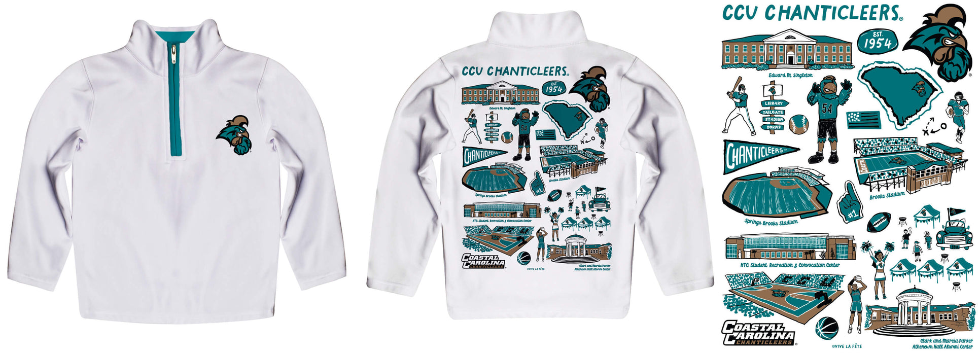 Coastal Carolina Chanticleers CCU Hand Sketched Vive La Fete Impressions Artwork White Boys Quarter Zip Pullover V1 - Vive La Fête - Online Apparel Store