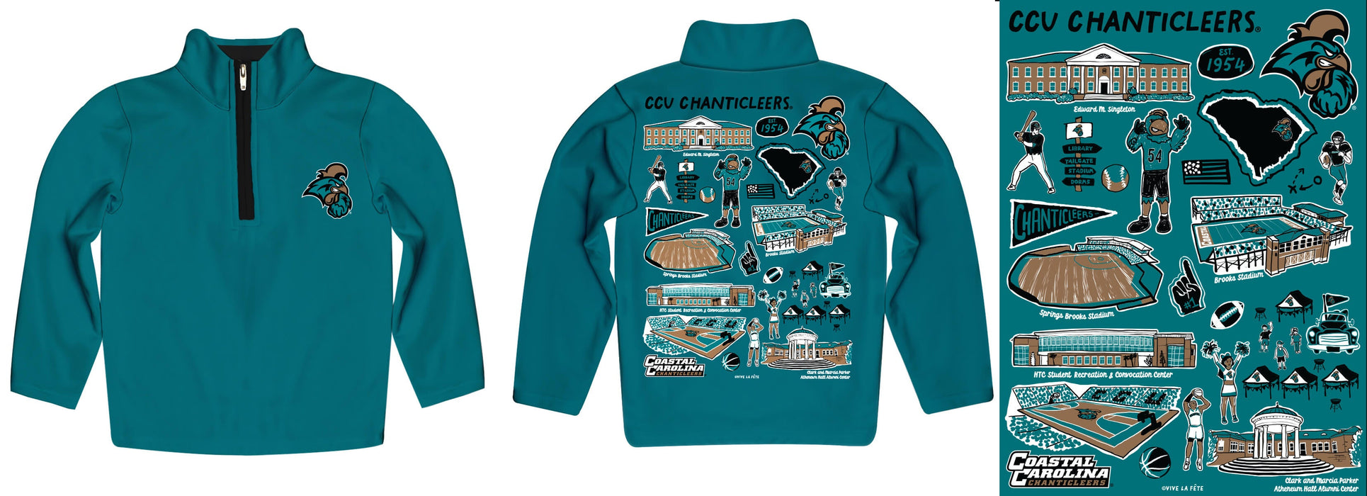 Coastal Carolina Chanticleers CCU Hand Sketched Vive La Fete Impressions Artwork  Teal Boys Quarter Zip Pullover V1 - Vive La Fête - Online Apparel Store