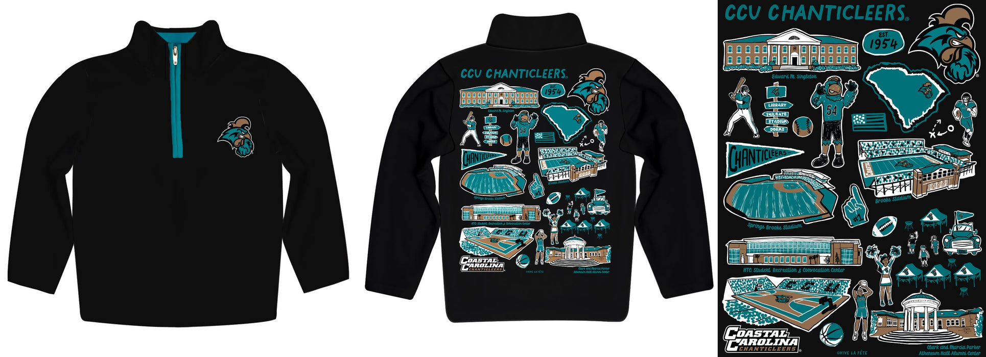 Coastal Carolina Chanticleers CCU Hand Sketched Vive La Fete Impressions Artwork  Black Quarter Zip Pullover V1 - Vive La Fête - Online Apparel Store