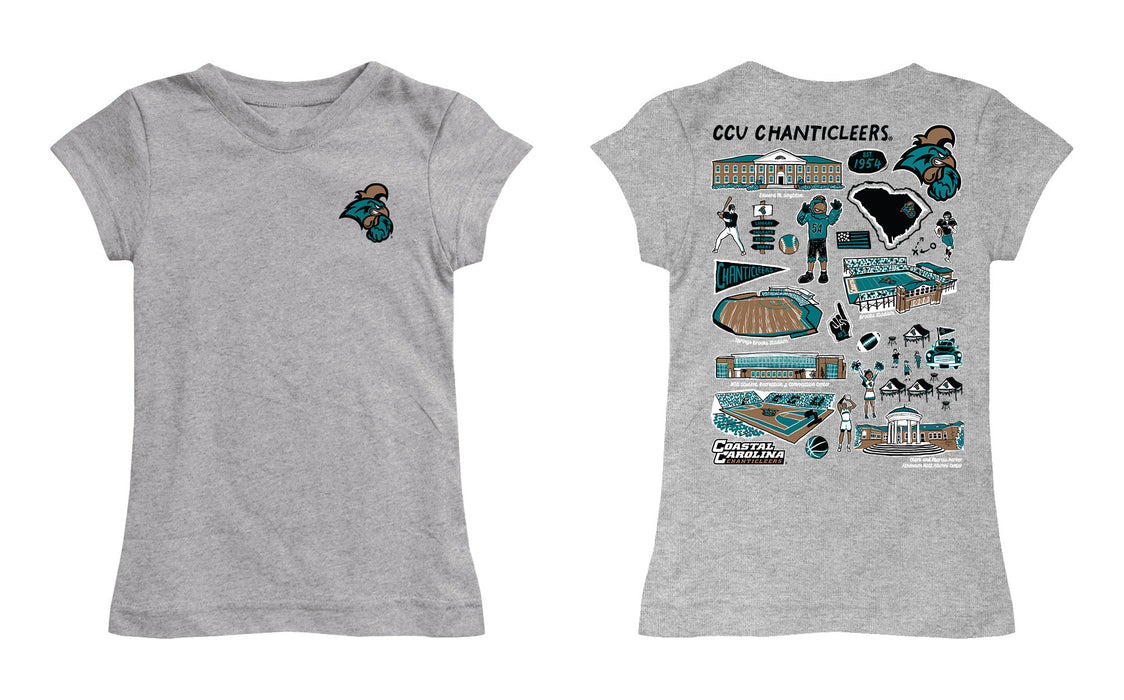 Coastal Carolina Chanticleers CCU Hand Sketched Vive La Fete Impressions Artwork Grey Girls Cotton Short Sleeve Tee - Vive La Fête - Online Apparel Store