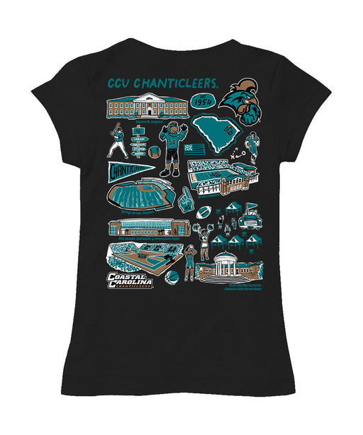 Coastal Carolina Chanticleers CCU Hand Sketched Vive La Fete Impressions Artwork Black Girls Cotton Short Sleeve Tee - Vive La Fête - Online Apparel Store