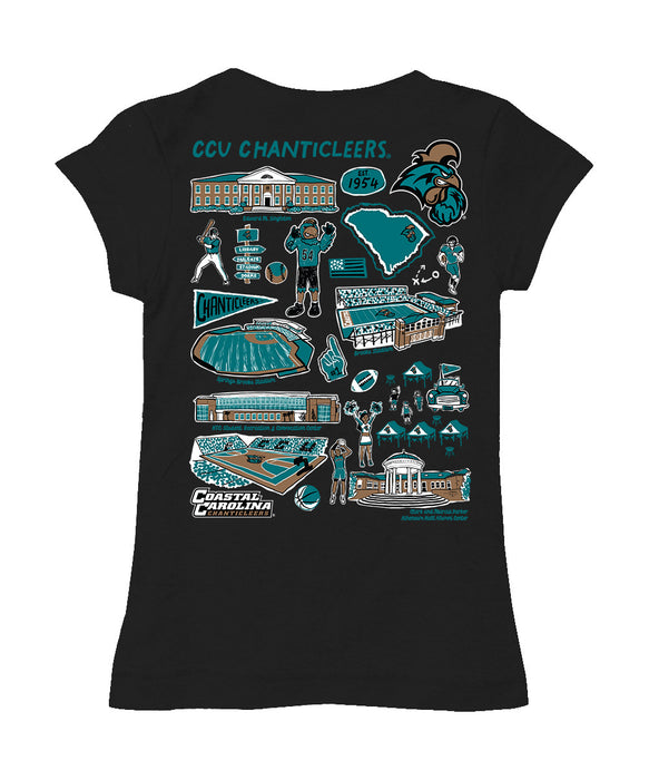 Coastal Carolina Chanticleers CCU Hand Sketched Vive La Fete Impressions Artwork Black Girls Cotton Short Sleeve Tee - Vive La Fête - Online Apparel Store